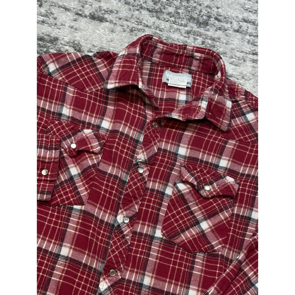 Vintage Wrangler Button Up Shirt Mens L Red Plaid Wrancher Pearl Snap Flannel